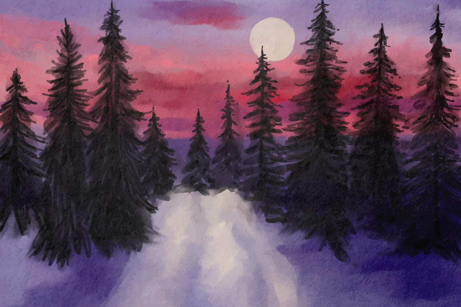 Winter Wallpaper – Fir Forest, Purple Night and Moon
