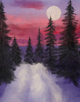 Papier peint Hiver – Forêt sapins nuit violette et lune