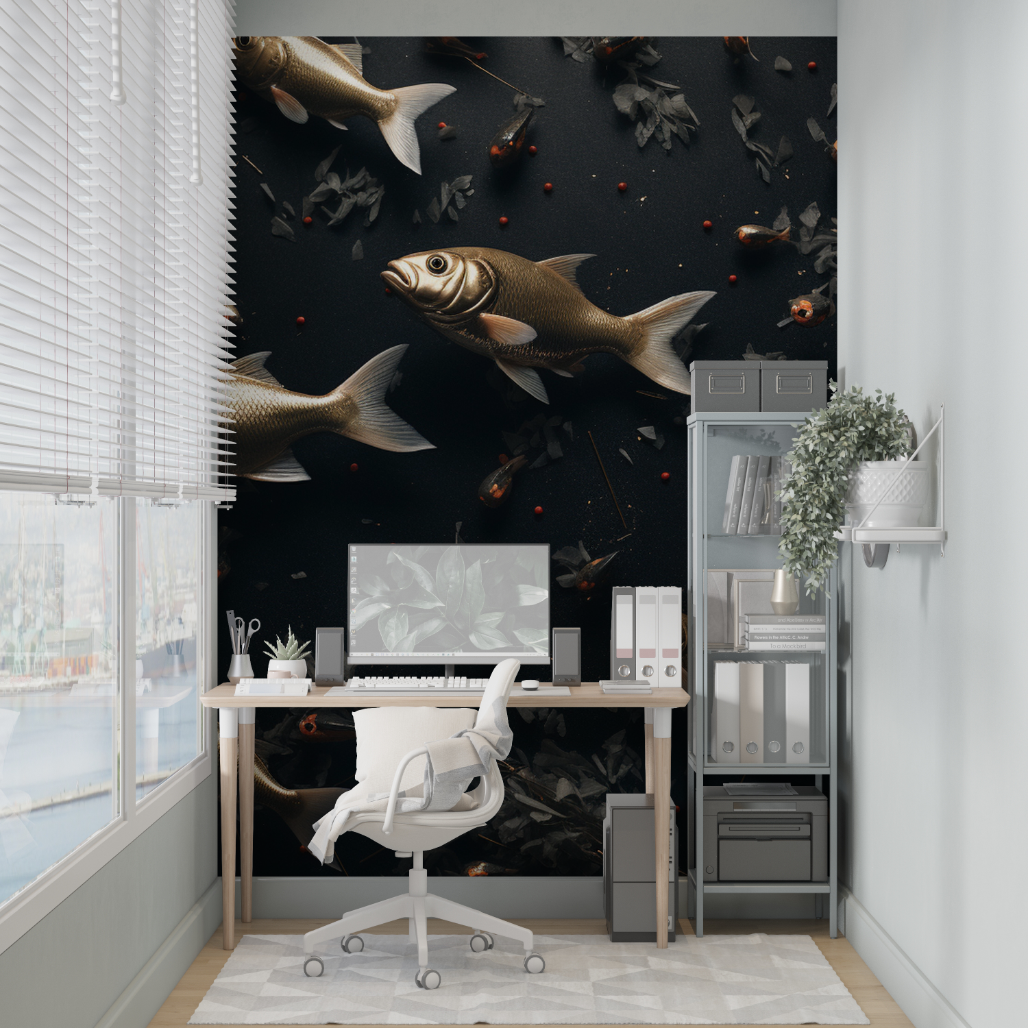 Papier Peint Animaux - Banc de Poissons sur Fond Noir