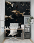 Papier Peint Animaux - Banc de Poissons sur Fond Noir