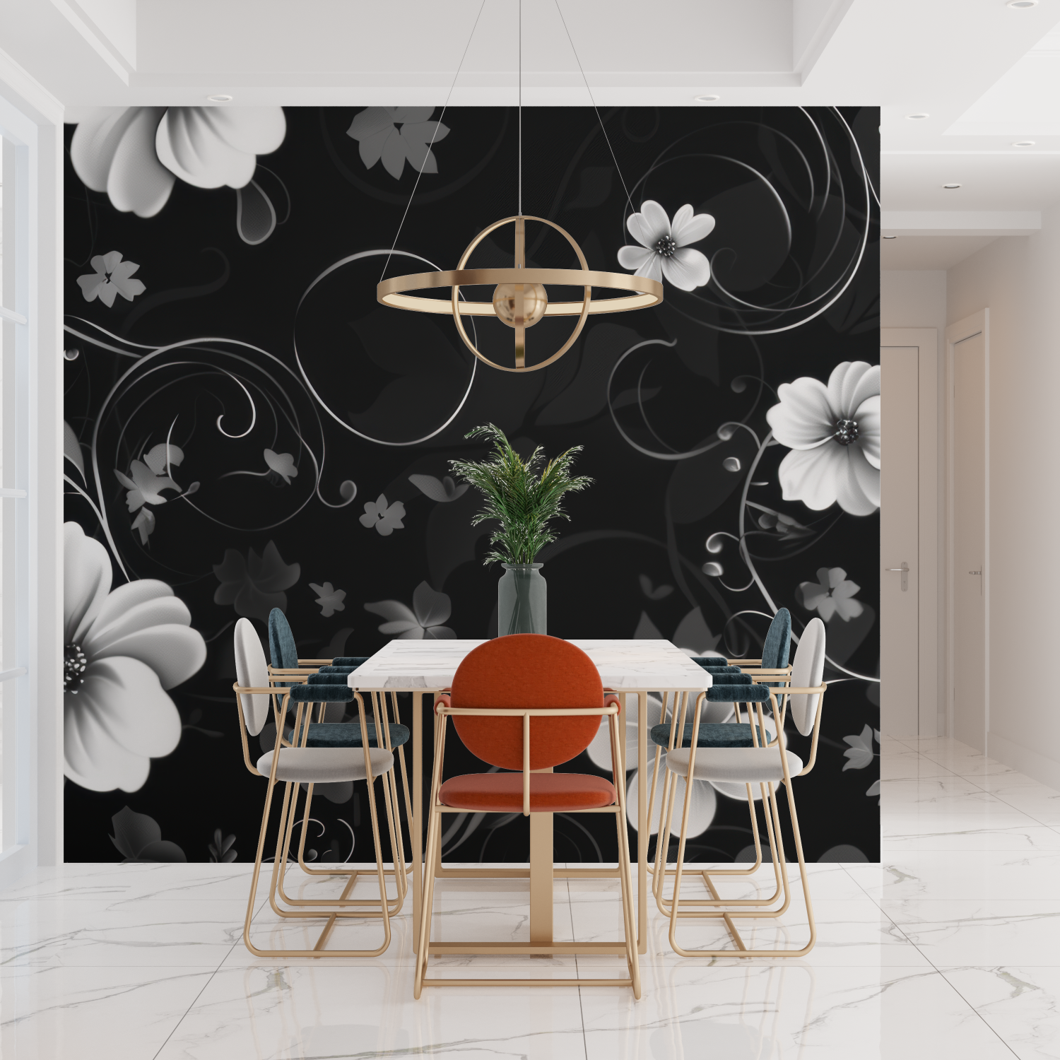 Floral Wallpaper - White Flowers on a Contrasting Black Background