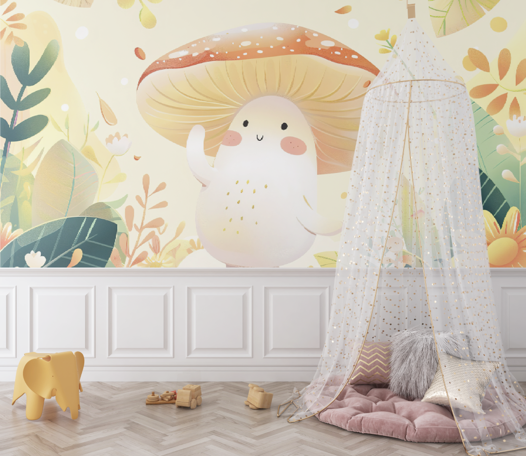 Children's Wallpaper – Smiling Mushroom in a Dreamlike Garden