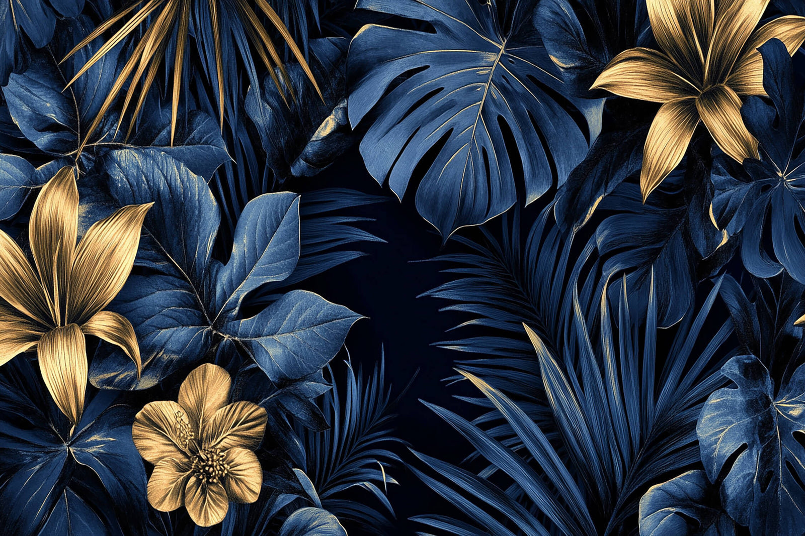 Papier Peint Tropical - Fleurs de Lys Or sur Fond Bleu Nuit
