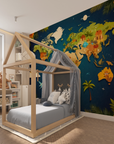 Children's Wallpaper - Illustrated World Map on a Night Blue Background