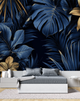 Tropical Wallpaper - Gold Fleur-de-lis on Navy Blue Background