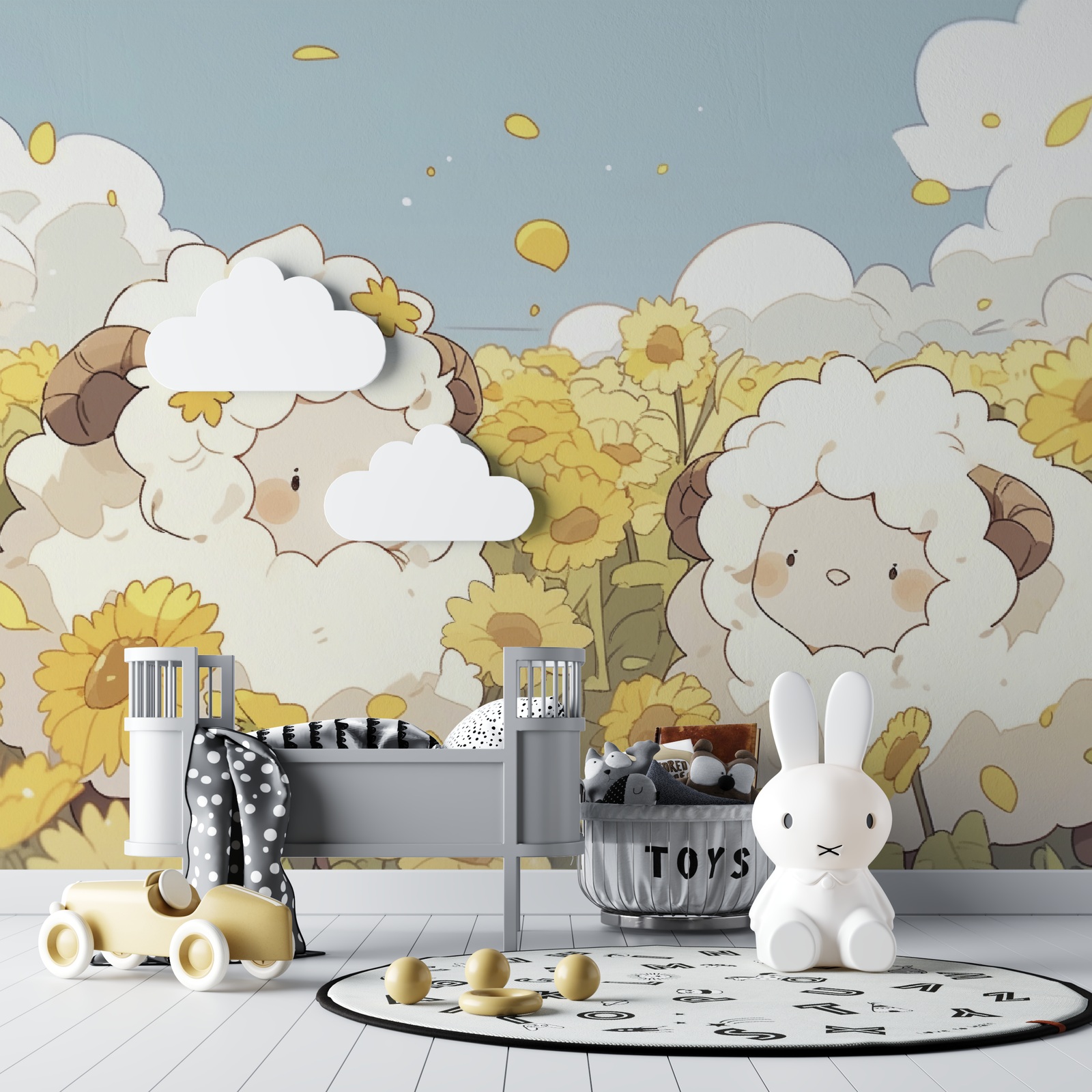 Children's Wallpaper – Cozy Sheep in a Sunflower Field