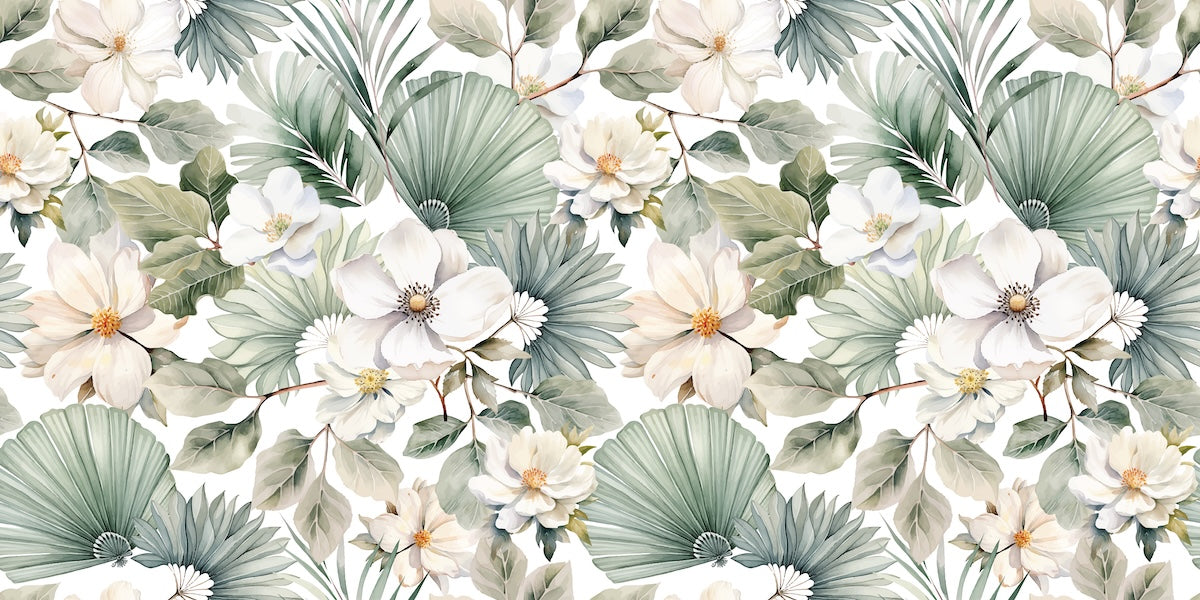 Papier peint tropical - feuillage blanc et palmes