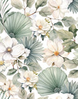 Papier peint tropical - feuillage blanc et palmes