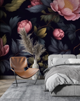 Floral Wallpaper - Mauve Rose Garden on Black Background