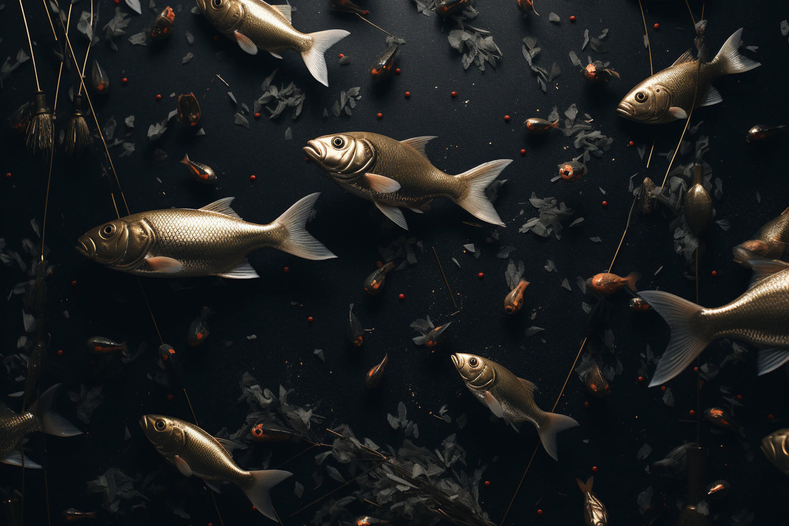 Papier Peint Animaux - Banc de Poissons sur Fond Noir