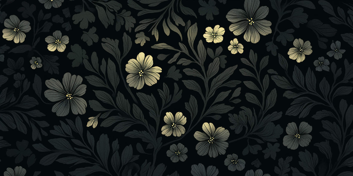 Papier peint fleuri - Motif doré sur fond noir