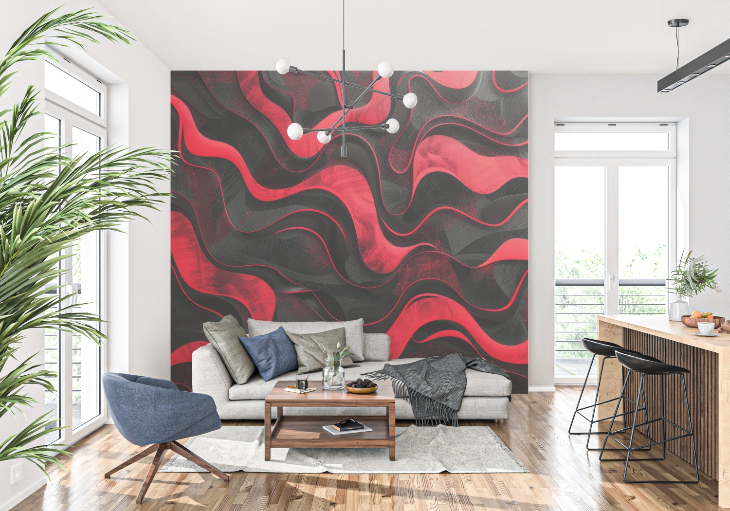 Papier Peint Art & Déco - Vagues de Magma Rouge et Noir