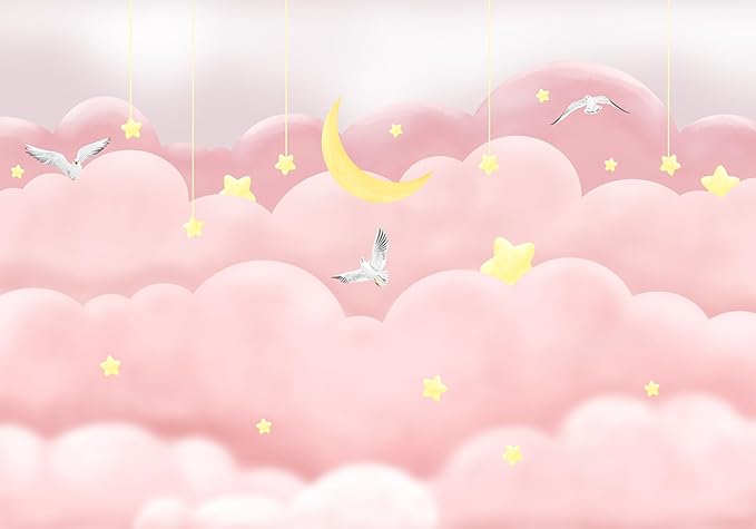 Children's Wallpaper - Pink Clouds and Hanging Stars
