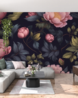 Floral Wallpaper - Mauve Rose Garden on Black Background