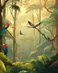Papier Peint Paysage - Forêt Amazonienne et Perroquets