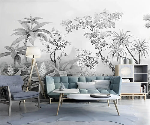 Papier Peint Noir et Blanc - Paysage Tropical Brumeux