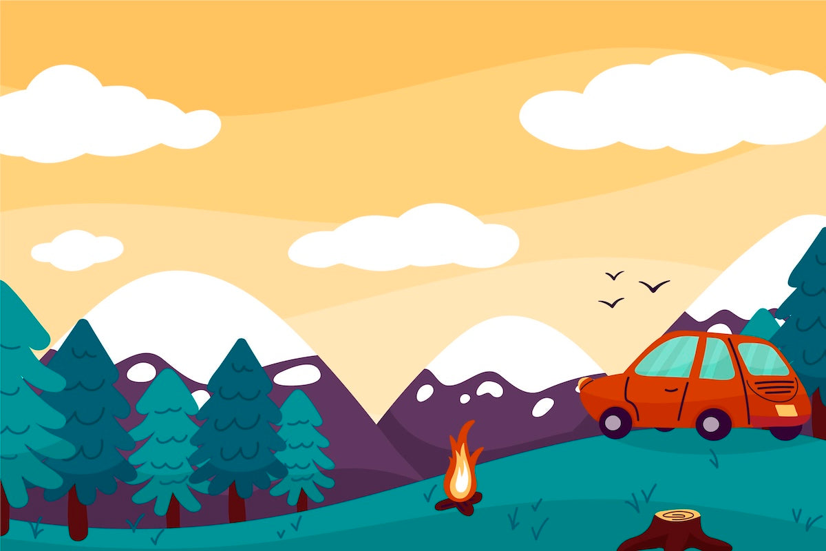 Papier peint enfants - petite voiture rouge et camping sauvage