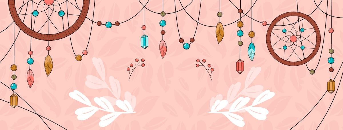 Papier peint boho - attrapes-rêves et plumes suspendues roses