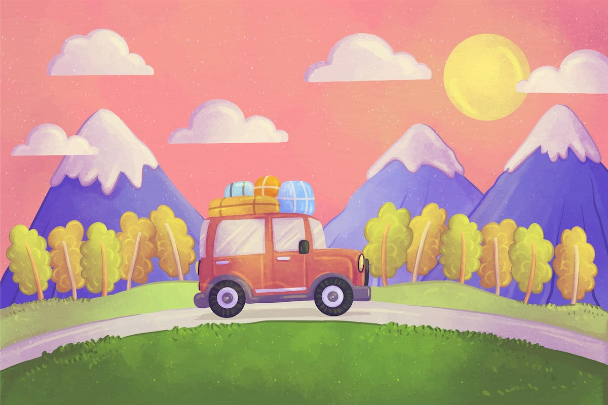 Papier peint enfants - van vintage sur une route de montagne