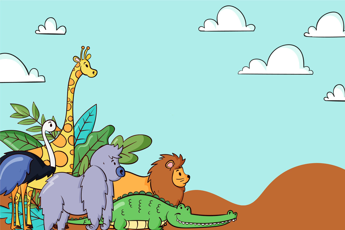 Kinderschilder - Dieren uit de savanne getekend op een blauwe achtergrond