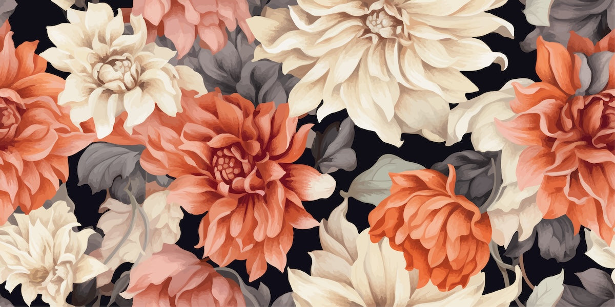 Papier peint fleuri - dahlias et chrysanthèmes d'automne