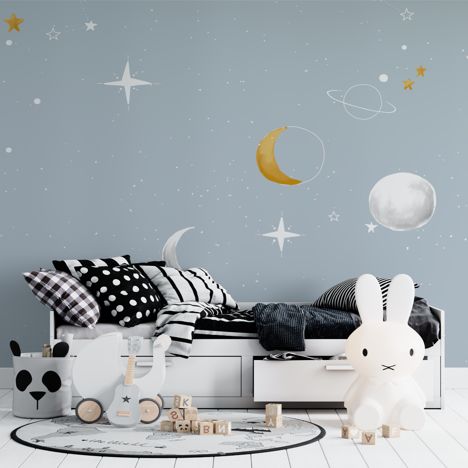 Papier Peint Enfant - Ciel Étoilé, Lune et Nuages Bleus