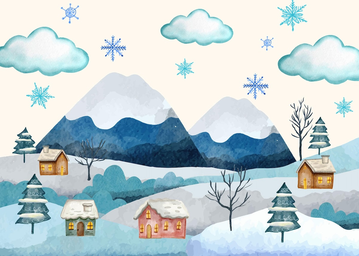Papier peint enfants - paysage de montagne enneigée et flocons