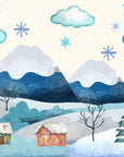 Papier peint enfants - paysage de montagne enneigée et flocons