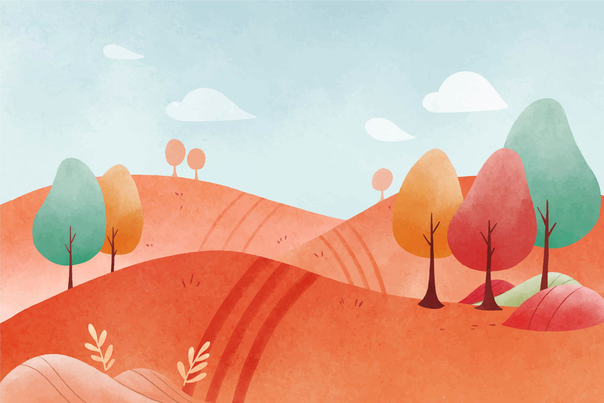 Papier peint enfant - Collines pastel et arbres rouges