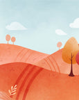 Papier peint Enfant – Paysage vallonné arbres rouges aquarelle