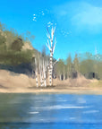 Landscape wallpaper – Peaceful lake with watercolor birch trees