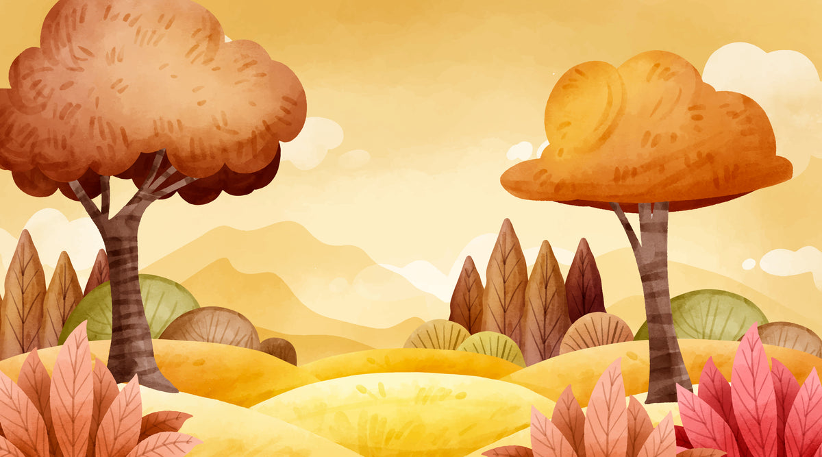 Papier peint enfant - Arbres d'automne dans un paysage illustré