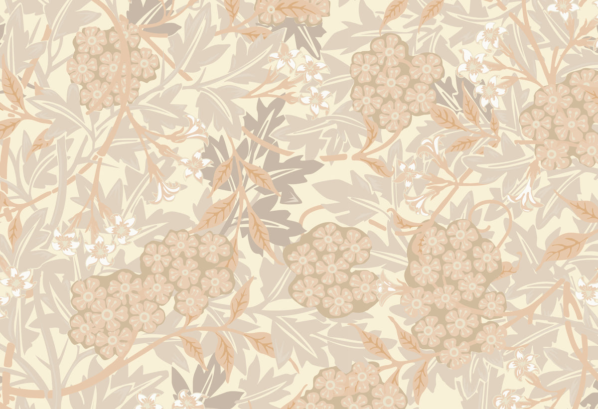 Florale Tapete - Beige Blumen auf cremefarbenem Grund