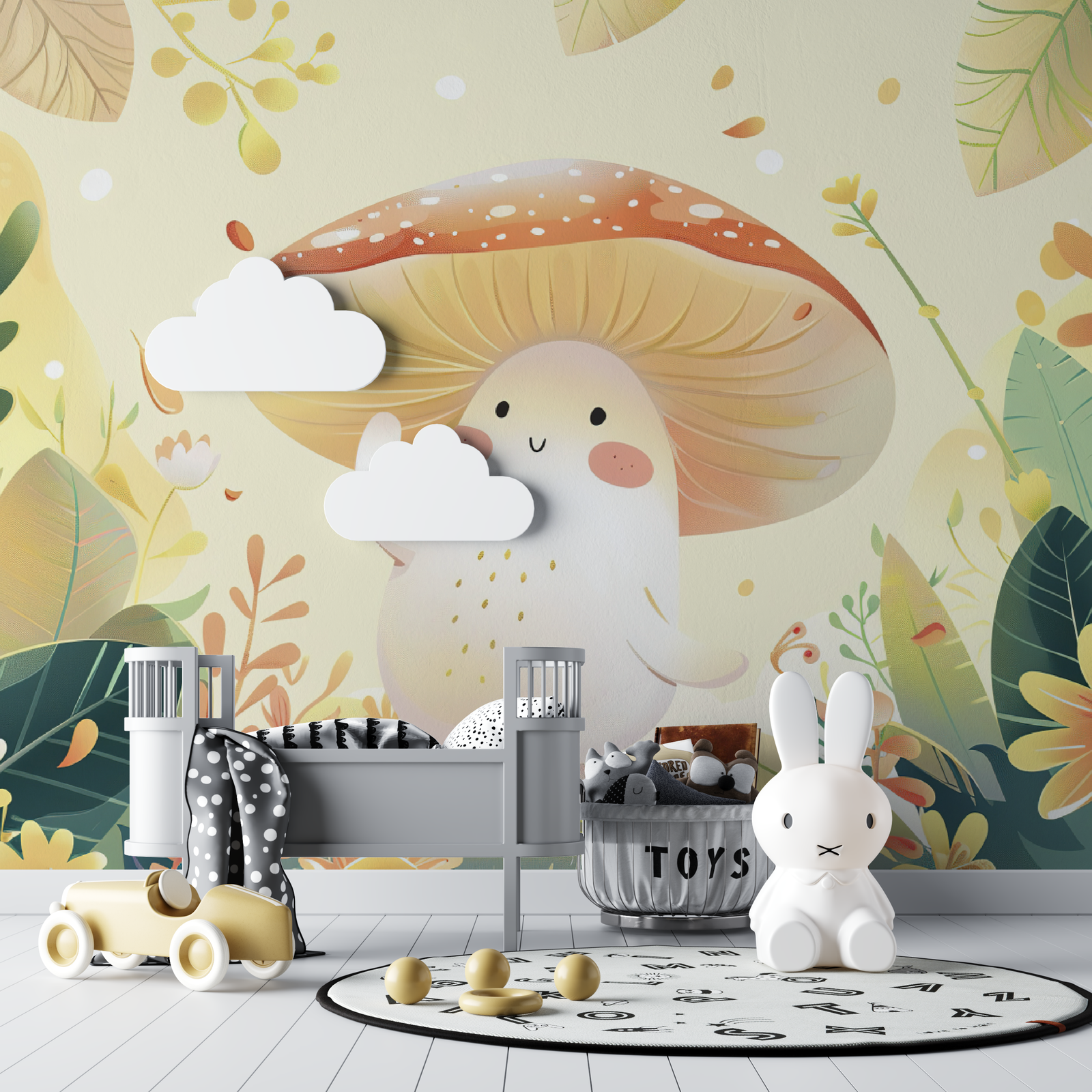 Children's Wallpaper – Smiling Mushroom in a Dreamlike Garden