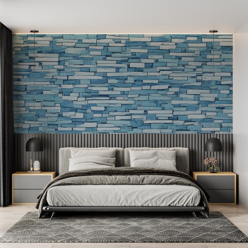 Papier Peint Pierre - Mur de Briques Bleues Pastel