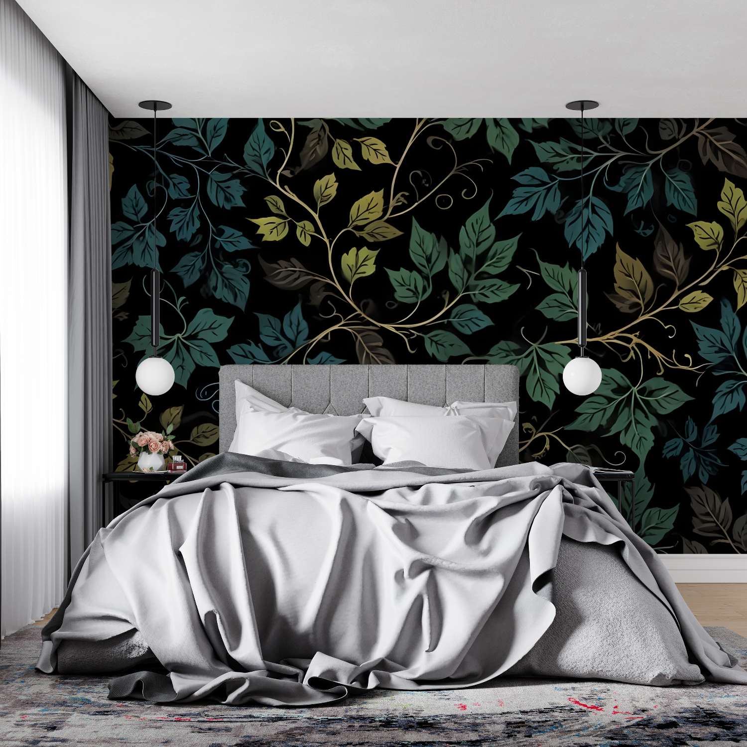 Papier Peint Floral - Feuillage de Nuit Vert et Noir