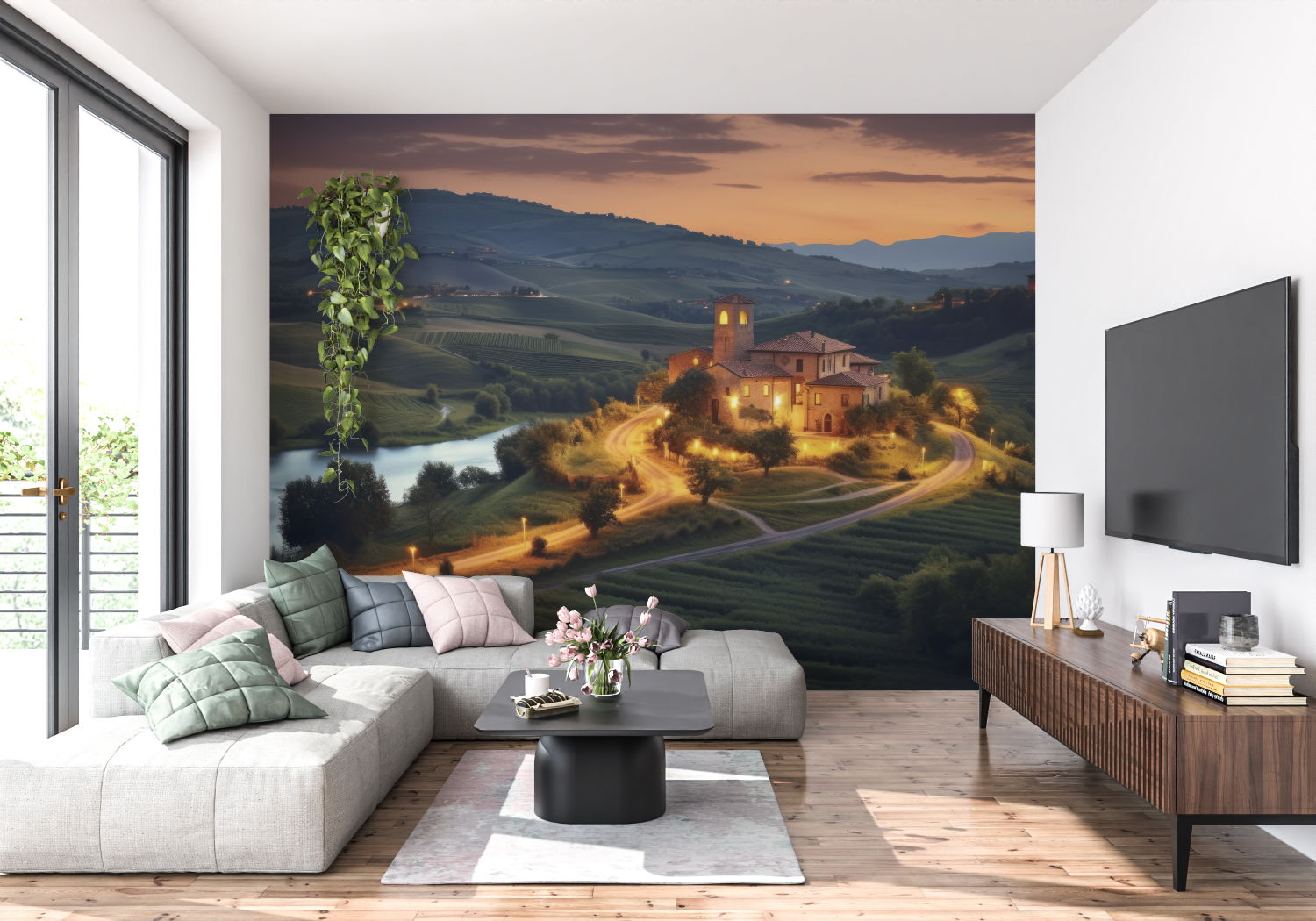 Papier Peint Paysage - Village Perché et Château au Soleil Couchant