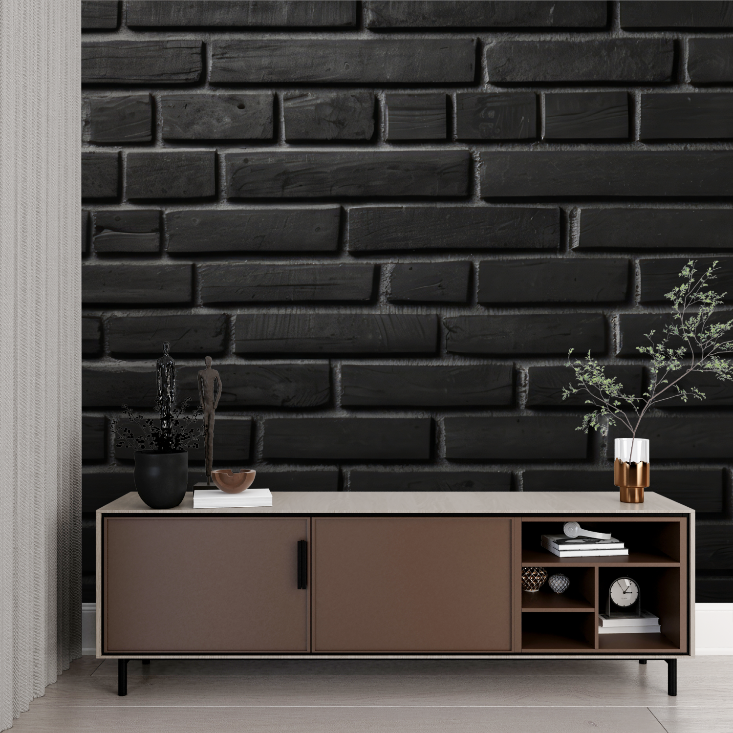 Papier Peint Pierre - Mur de Briques Noir Charbon