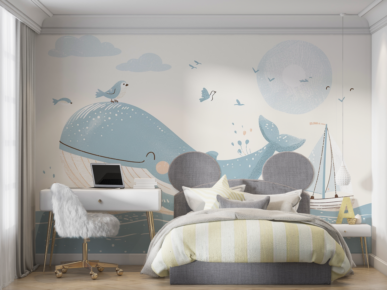 Papier Peint Enfant - Baleine Bleue Heureuse