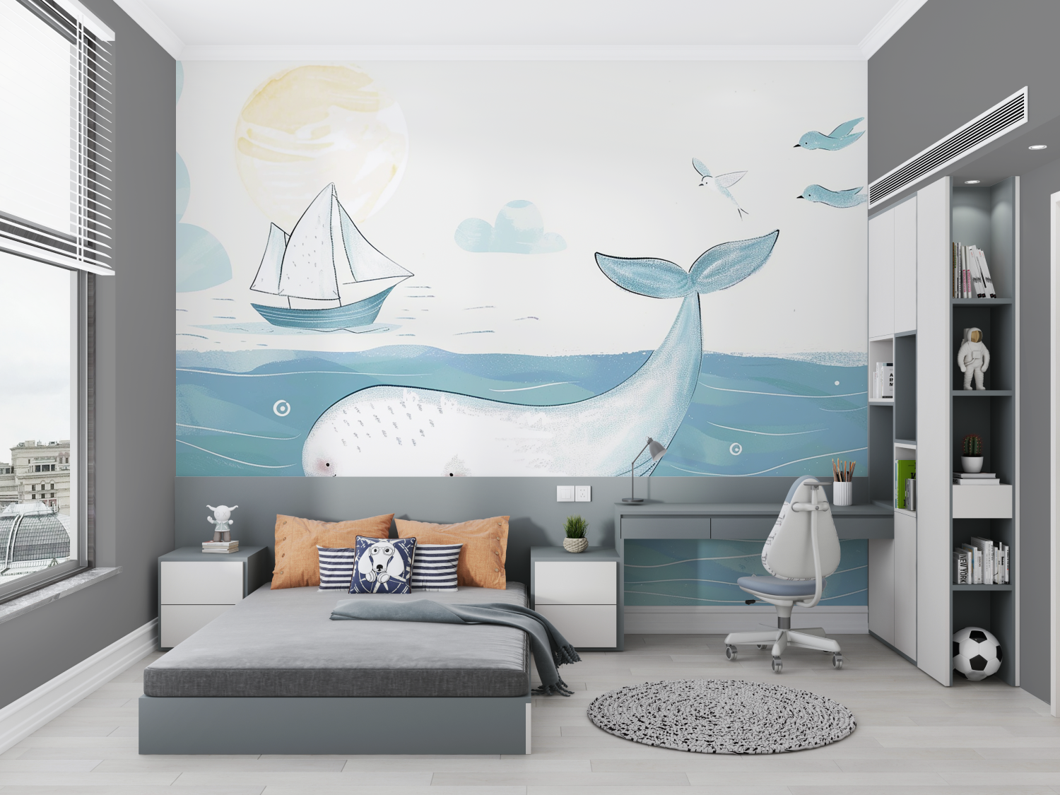 Children's Wallpaper - Smiling Whale and Sailboat
