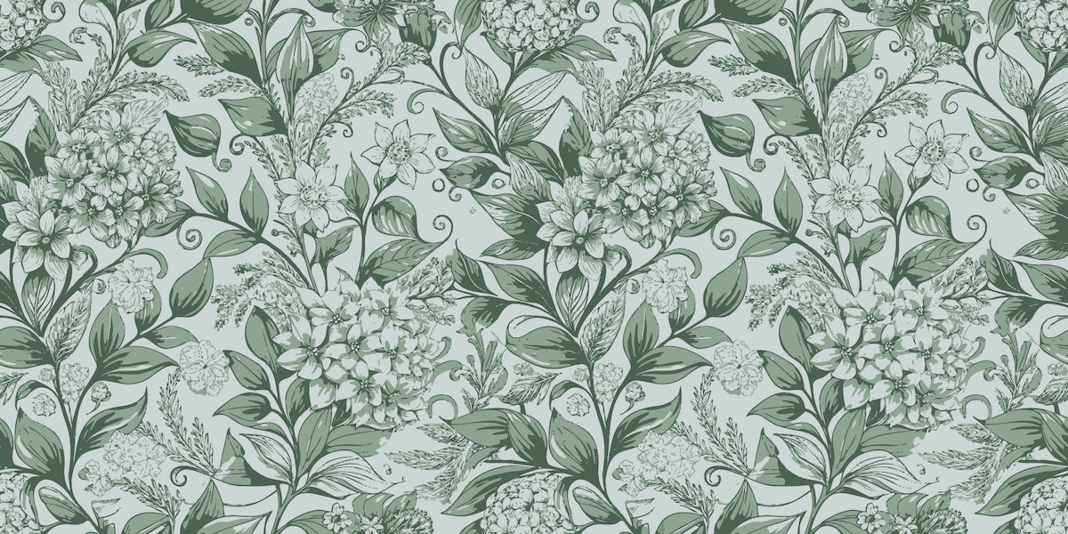 Papier peint fleuri - feuillage classique vert de gris