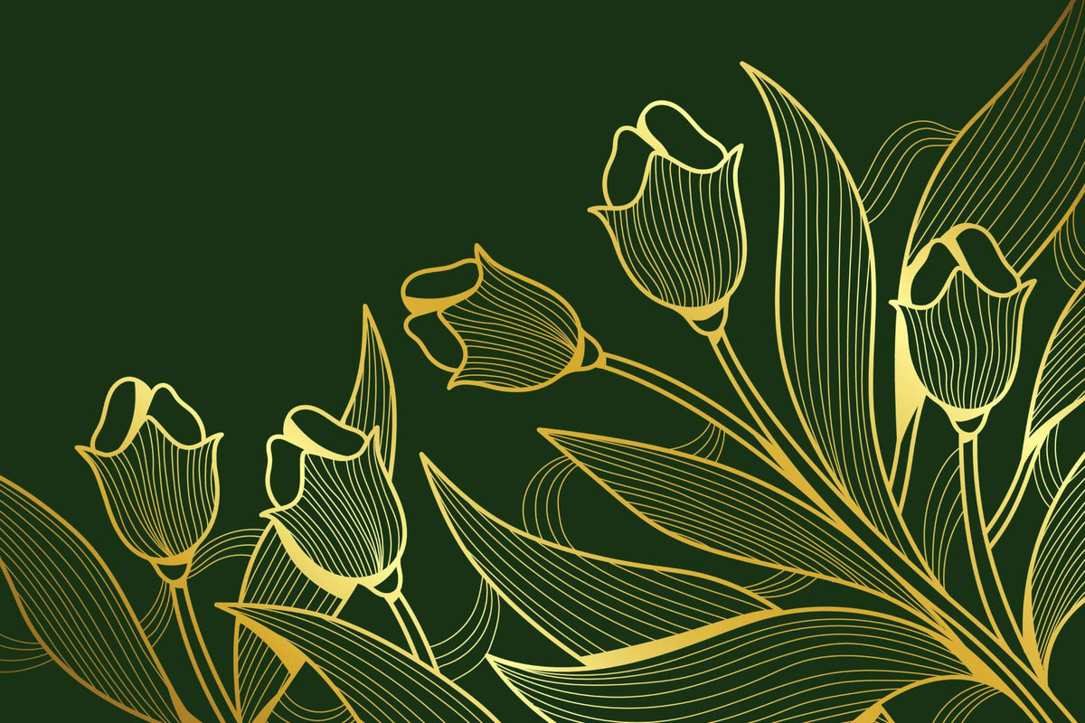 Blomstret tapet - Gyldne tulipaner på grøn baggrund