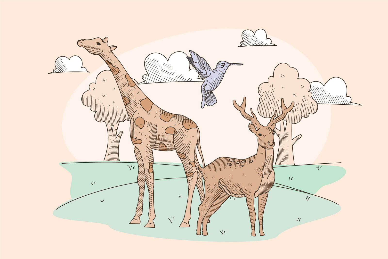 Papier peint animaux – Girafe et cerf illustrés
