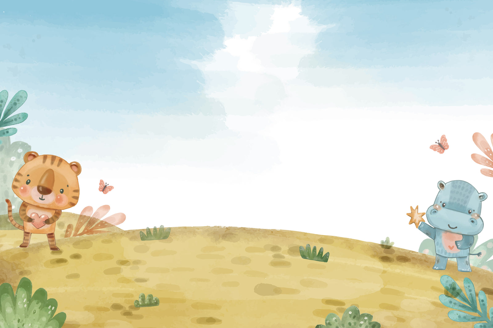 Children's Wallpaper – Tiger and Hippopotamus Watercolor Landscape