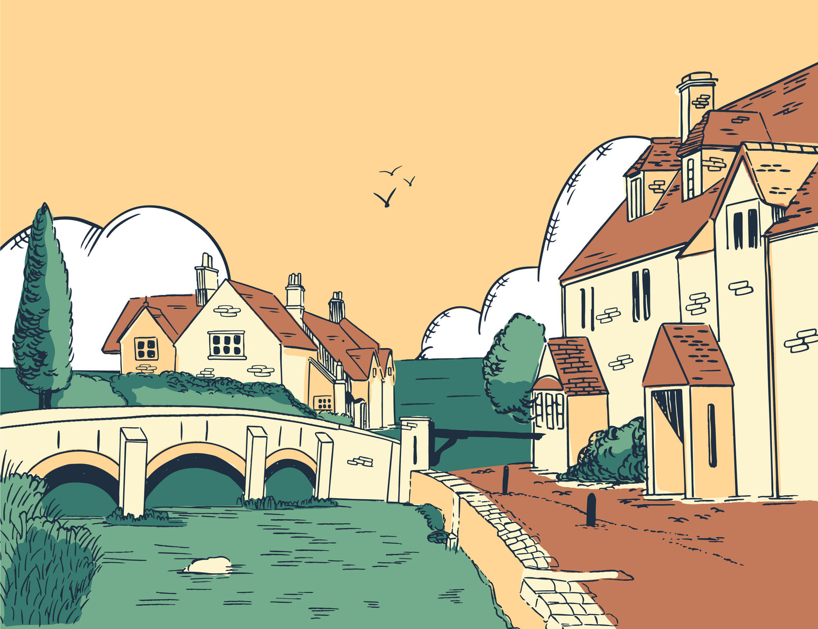 Vintage Wallpaper – Old Village and River Bridge