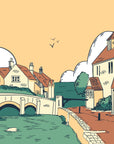 Papier peint Vintage – Village ancien et pont sur rivière