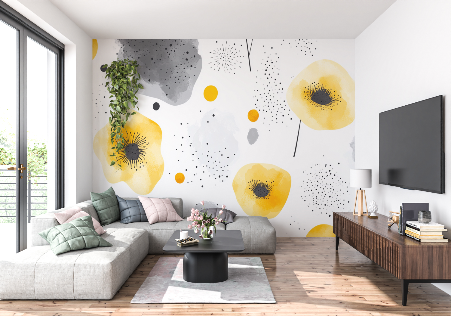 Pastel Yellow and Gray Fleurds Wallpaper