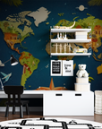 Children's Wallpaper - Illustrated World Map on a Night Blue Background