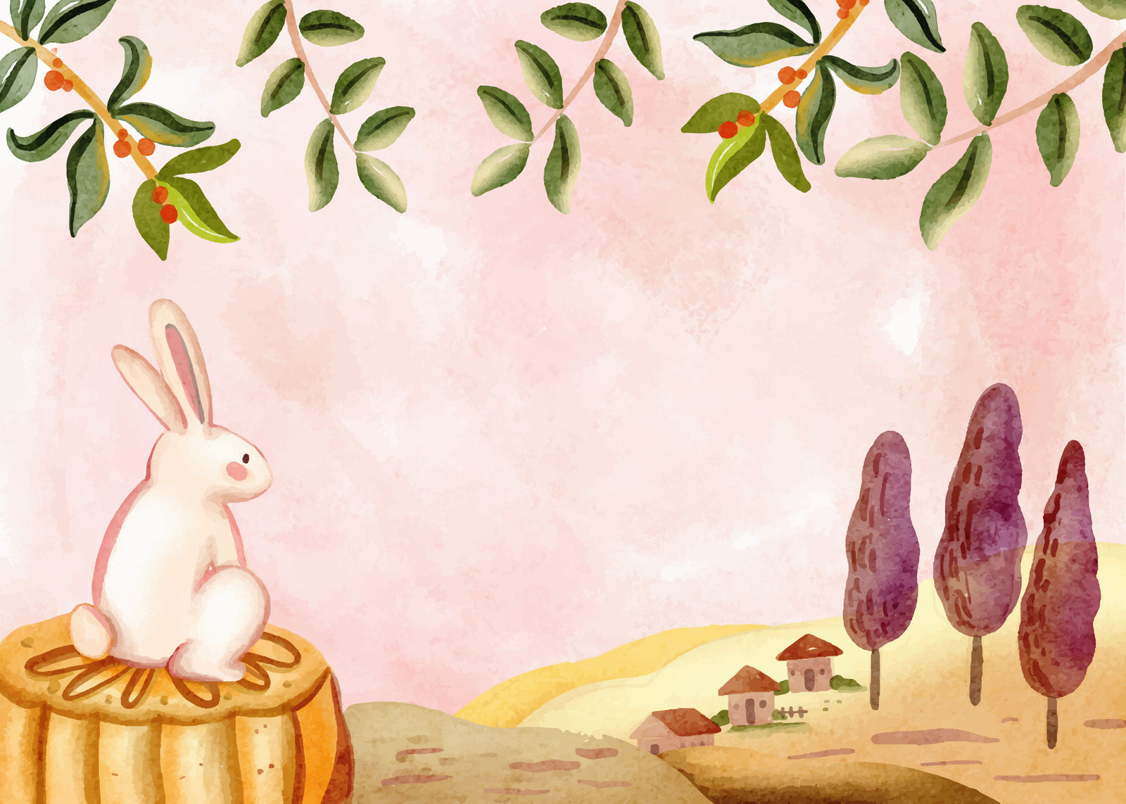 Papier peint Douceur – Lapin blanc assis paysage aquarelle