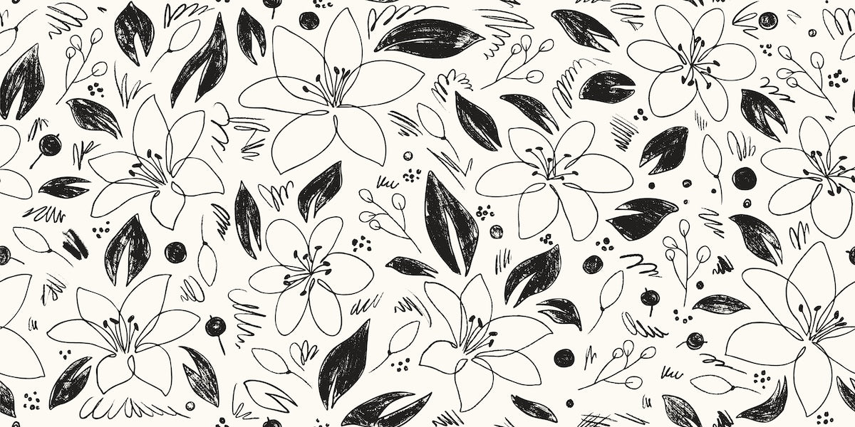 Papier peint fleuri - croquis feuillage noir et blanc
